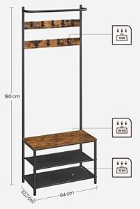 Cuier cu bancuta si suport pantofi Model Sparks, Maro Rustic/Negru, 64x32.2x180 cm