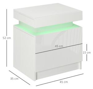 Noptiera alba HOMCOM cu lumina LED RGB, noptiera frontala lucioasa cu 2 sertare, pentru camera de zi, dormitor | Aosom RO