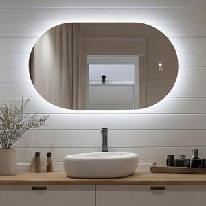 Oglindă ovală cu iluminare LED 80x50 cm, culori duale, comutator tactil, covoraș de încălzire