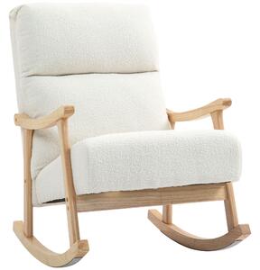 HOMCOM Scaun Balansoar Tapițat din Catifea Teddy, cu Spătar Ergonomic și Picioare din Lemn de Cauciuc, Alb crem | Aosom Romania