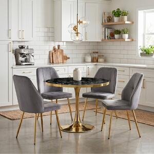 Set Masă Lyma Negru Marmorat Gold 80 cm cu 4 Scaune Elira Gri