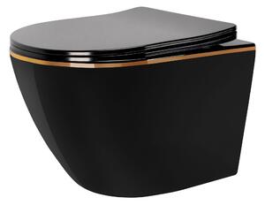 Rea Carlo Mini, toaletă suspendată + capac WC, margine negru-auriu lucios, REA-C4695