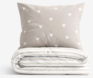 Goldea lenjerie de pat din 100% bumbac - inimioare pe latte cu dungi 150 x 200 și 50 x 60 cm