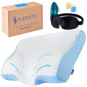 Set Perna Cervicala Anatomica si Ortopedica Albastra + Masca de dormit Suporto 3D cu saculet Verde Smarald, pachet pentru ochi obositi si un somn confortabil