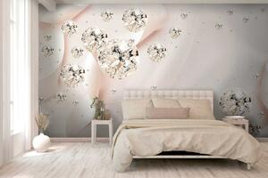 Fototapet Panglică de satin alb cu diamante și perle, Fototapet flori 3D, Fototapet populare, u02183 - Tapeko.ro