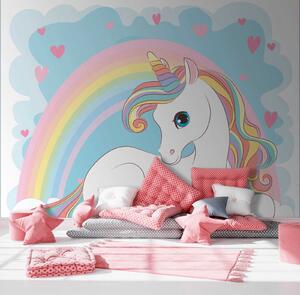 Fototapet Unicorn stând pe un nor cu curcubeu și inimi, Fototapet copii, Fototapet populare, u10971 - Tapeko.ro