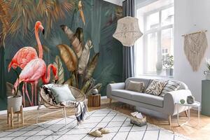 Fototapet Flamingo roz și o pasăre într-o pădure, Fototapet designer, Fototapet populare, u21344 - Tapeko.ro