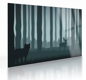 Tablou pe sticlă - Cerb cu lup pe stânci (70x50 cm)