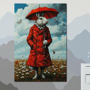 Tablou Canvas Premium, LuxCanva® K1005, Domnul Iepure si Fluturii, Plimbare, Ploaie, Rosu, Umbrela, Flori, Eleganta, Haina, Nasturi, Poveste, Basme, Animat, Camera Copii