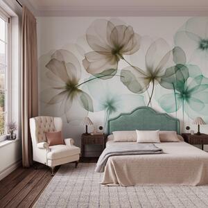Tapet Flori verzi și maro, translucide și cu textură, pe un fundal deschis, cu petale delicate care se suprapun, Fototapet Flori, w09892v1 : Uwalls.ro