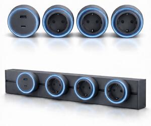 Sina modulara prize onuvio® 50cm, 8000w, 4 adaptoare (3x priza eu cu impamantare + 1x usb + type-c), montaj perete/blat, sistem premium birou/bucatarie, gri