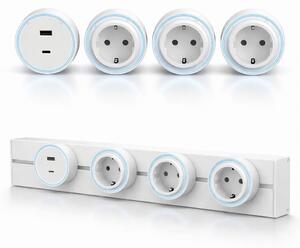 Sina modulara prize onuvio® 50cm, 8000w, 4 adaptoare (3x priza eu cu impamantare + 1x usb + type-c), montaj perete/blat, sistem premium birou/bucatarie, alb