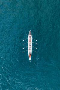 Fotografie de artă Rowboat on the ocean as seen from above, France, Abstract Aerial Art, (26.7 x 40 cm)
