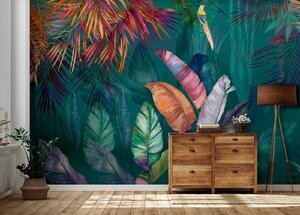 Fototapet Frunze și păsări tropicale colorate, Fototapet acuarelă, Fototapet populare, u60120 - Tapeko.ro