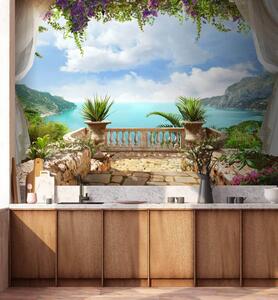 Fototapet Balcon cu plante și vedere la ocean, Fototapet spațiu extins, Fototapet populare, u68055 - Tapeko.ro