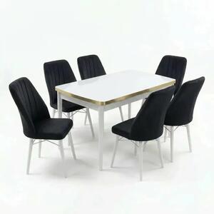 Verona Set Masa Extensibila (Marmura Alba) 80x 135 (80 x 178) Si Scaun 6 Buc, Aur Detalii, Horeca, Bucatarie, Living