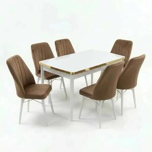 Verona Set Masa Extensibila (Marmura Alba) 80x 135 (80 x 178) Si Scaun 6 Buc, Aur Detalii, Horeca, Bucatarie, Living