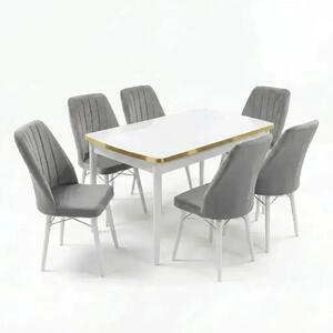 Verona Set Masa Extensibila (Marmura Alba) 80x 135 (80 x 178) Si Scaun 6 Buc, Aur Detalii, Horeca, Bucatarie, Living