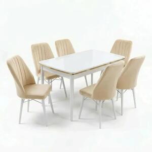 Verona Set Masa Extensibila (Marmura Alba) 80x 135 (80 x 178) Si Scaun 6 Buc, Aur Detalii, Horeca, Bucatarie, Living
