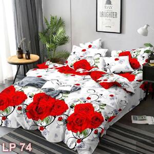 Lenjerie de pat, 1 persoană, finet, 4 piese, alb , cu trandafiri roșii, LP74