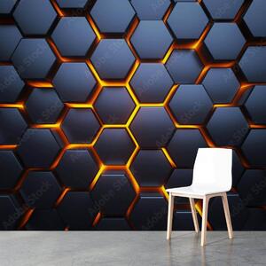 Fototapet Hexagoane negre cu lumini portocalii, Fototapet geometric 3D, Fototapet populare, u93570 - Tapeko.ro