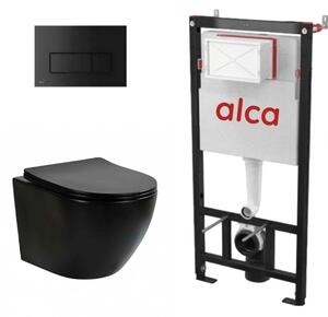 Set complet vas WC suspendat, Fluminia, Ricci negru mat, Tornado Flush, cu rezervor Alca si clapeta neagra
