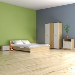 Dormitor Madrid, 5 Piese, Pat , 2Noptiere, Dulap, Comoda, Culoare Stejar Sonoma /Alb 160x200
