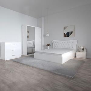 Dormitor Dante, 5 Piese, Pat 160 X 200, 2Noptiere, Dulap usi glisante cu oglinda, Comoda Alice Alb, Culoare Alb