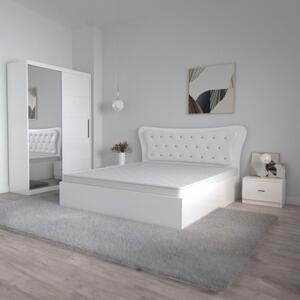 Dormitor Dante, 4 Piese, Pat 160 X 200, 2Noptiere, Dulap usi glisante cu oglinda, Culoare Alb