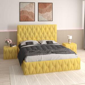 Pat Tapitat Eric Galben + Saltea 20cm Grosime + 2X Noptiere Tapitate 140x200