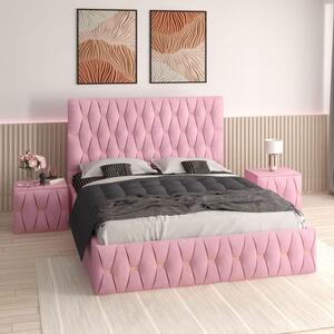 Pat Tapitat Eric Roz + Saltea 20cm Grosime + 2X Noptiere Tapitate 140x200