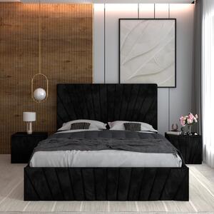 Pat Tapitat Toma Negru + Saltea Lux Ortopedica + Noptiere Tapitate 160x200