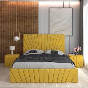 Pat Tapitat Toma Galben + Saltea Lux Ortopedica + Noptiere Tapitate 160x200
