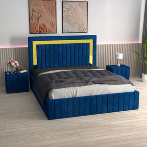 Pat Tapitat Ianis Albastru + Saltea Lux Ortopedica + Noptiere Tapitate 160x200