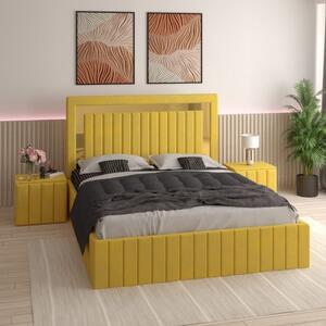 Pat Tapitat Ianis Galben + Saltea Lux Ortopedica + Noptiere Tapitate 160x200