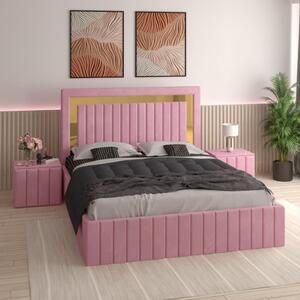 Pat Tapitat Ianis Roz + Saltea Lux Ortopedica + Noptiere Tapitate 160x200