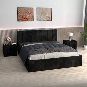 Pat Tapitat Sorin Negru + Saltea Lux Ortopedica + Noptiere Tapitate 160x200