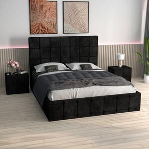 Pat Ven03 Negru +Noptiere Tapitate+ Saltea Lux Ortopedica 160x200