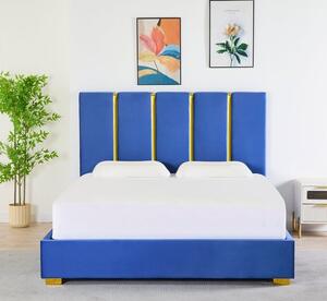 Pat Tapițat Catifea Albastru Cod LB-214 160x200 cm, Somiera + Saltea 160x200