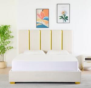 Pat Tapițat Catifea Bej Cod LB-214 160x200 cm, Somiera + Saltea 160x200