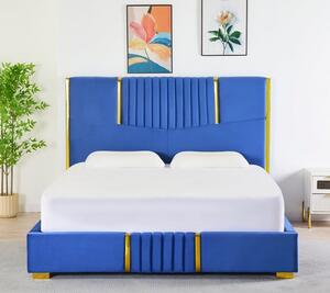 Pat Tapițat Catifea Albastru Cod LB-215 160x200 cm, Somiera + Saltea 160x200