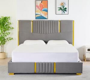 Pat Tapițat Catifea Gri Cod LB-215 160x200 cm, Somiera + Saltea 160x200