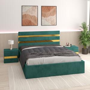 Pat Tapitat Clio Verde + Saltea 20cm Grosime + 2X Noptiere Tapitate 140x200