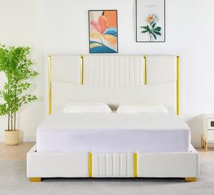 Pat Tapițat Piele Sintetica Alb Cod LB-215 160x200 cm, Somiera + Saltea 160x200