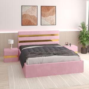 Pat Tapitat Clio Roz + Saltea 20cm Grosime + 2X Noptiere Tapitate 140x200