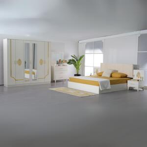 Dormitor Cod 105 , 6 Piese, Pat 180 x 200, Comoda Cu Oglinda, 2Noptiere, Dulap 6u, Culoare Alb/Auriu