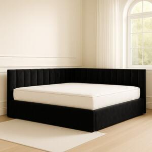 Pat Tapitat De Colt Figo Negru Catifea Premium + Saltea Lux Ortopedica 160x200