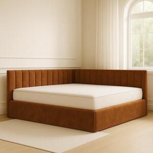 Pat Tapitat De Colt Figo Caramiziu Catifea Premium + Saltea Lux Ortopedica 160x200