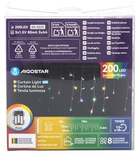 Aigostar - Instalație luminoasă LED de exterior pentru Crăciun 200xLED/8 funcții 3xAA 13x06m IP44 multicolor