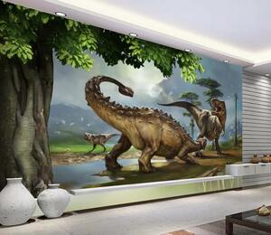 Fototapet Pictură de dinozauri lângă un râu, Fototapet animale, Fototapet populare, u28674 - Tapeko.ro